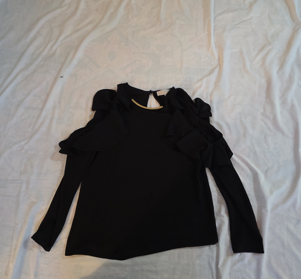 Michael Kors Black Long-Sleeve Ruffle Shoulder Top